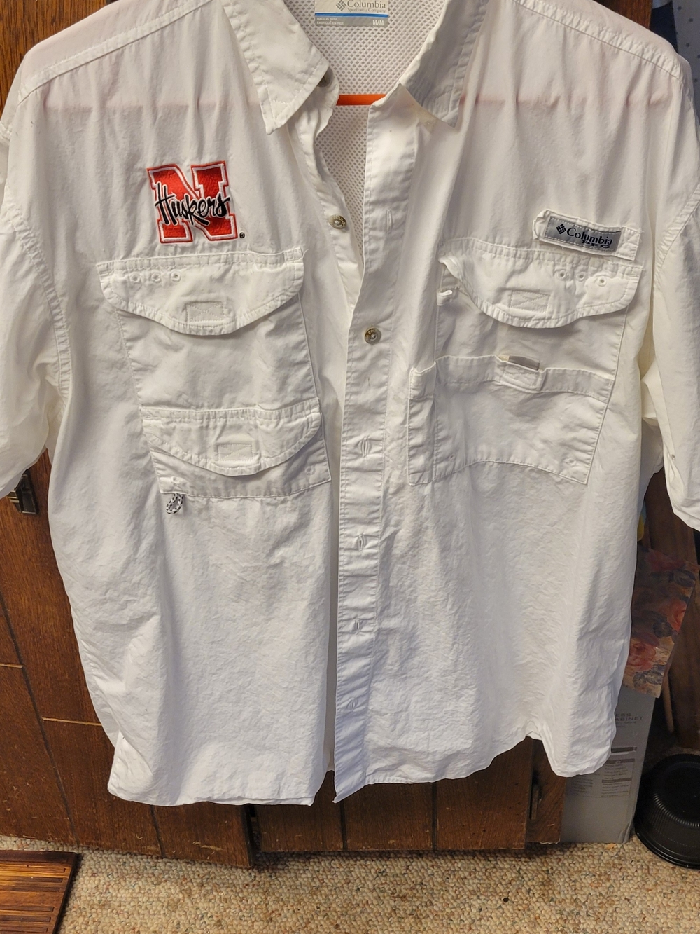 Columbia Men's White Short-Sleeve Casual Button-Down Shirt with Huskers Patch